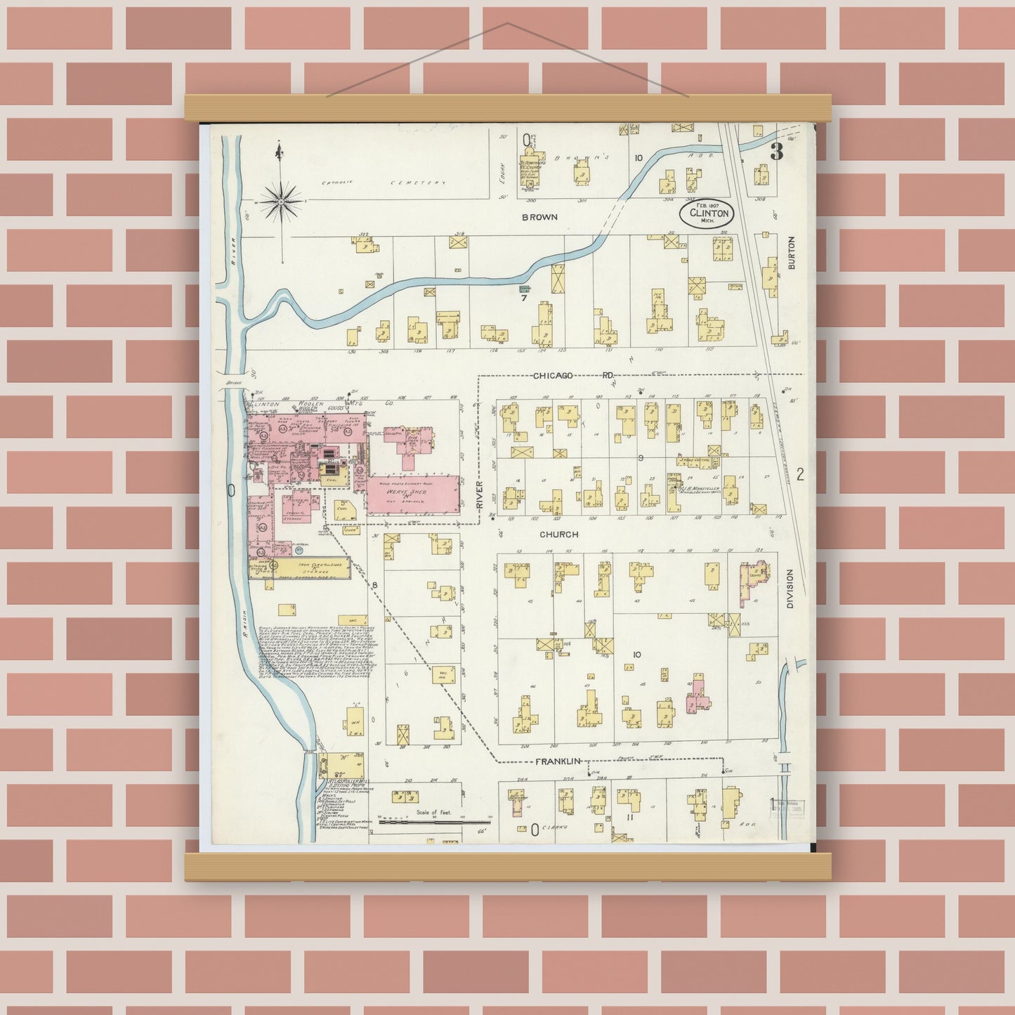 Old map wall art mockup — magnetic wood frame on brick wall — Sanborn Fire Insurance Map from Clinton, Lenawee County, Michigan (1907), Sheet #0003