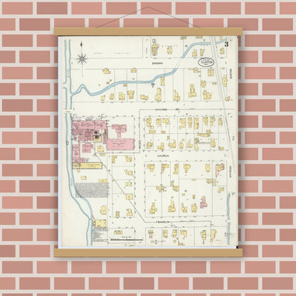 Old map wall art mockup — magnetic wood frame on brick wall — Sanborn Fire Insurance Map from Clinton, Lenawee County, Michigan (1907), Sheet #0003