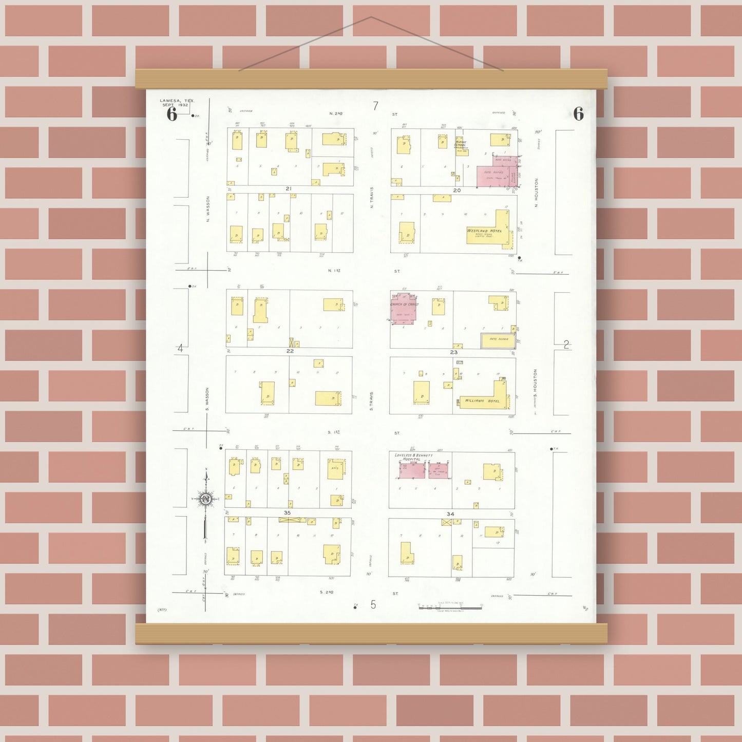 Old map wall art mockup — magnetic wood frame on brick wall — Sanborn Fire Insurance Map from Lamesa, Dawson County, Texas (1932), Sheet #0006