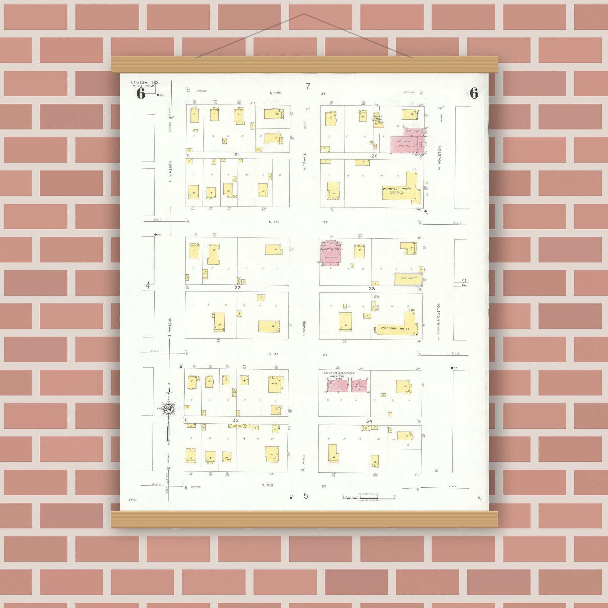 Old map wall art mockup — magnetic wood frame on brick wall — Sanborn Fire Insurance Map from Lamesa, Dawson County, Texas (1932), Sheet #0006