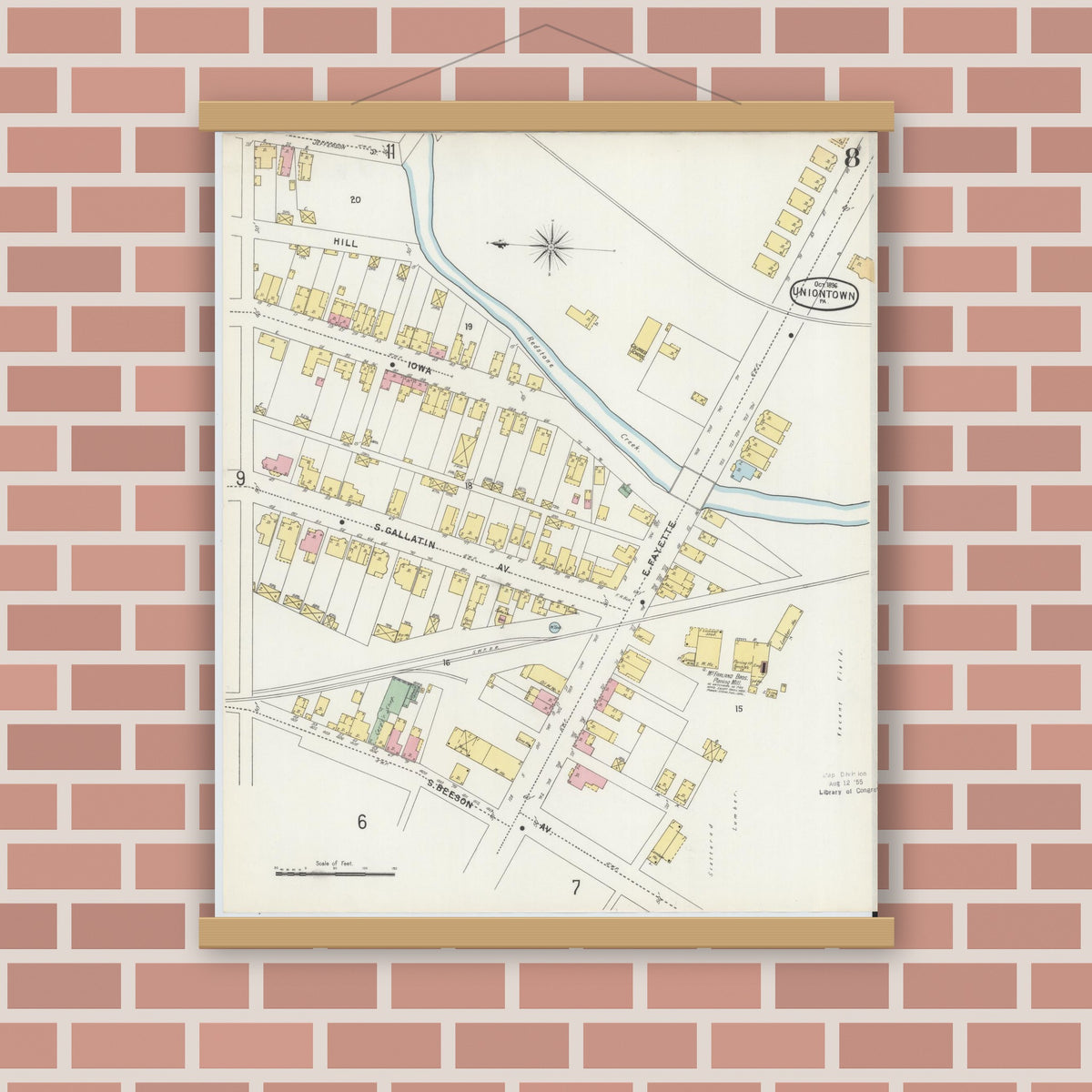 Old map wall art mockup — magnetic wood frame on brick wall — Sanborn Fire Insurance Map from Uniontown, Fayette County, Pennsylvania (1896), Sheet #0008