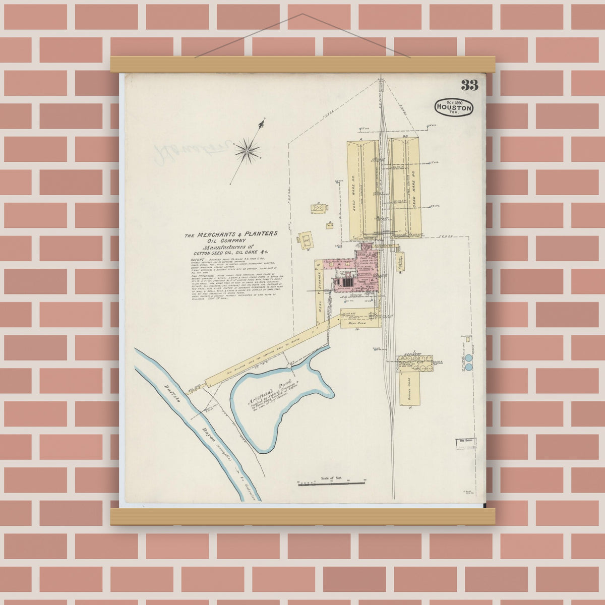 Old map wall art mockup — magnetic wood frame on brick wall — Sanborn Fire Insurance Map from Houston, Harris County, Texas (1890), Sheet #0033