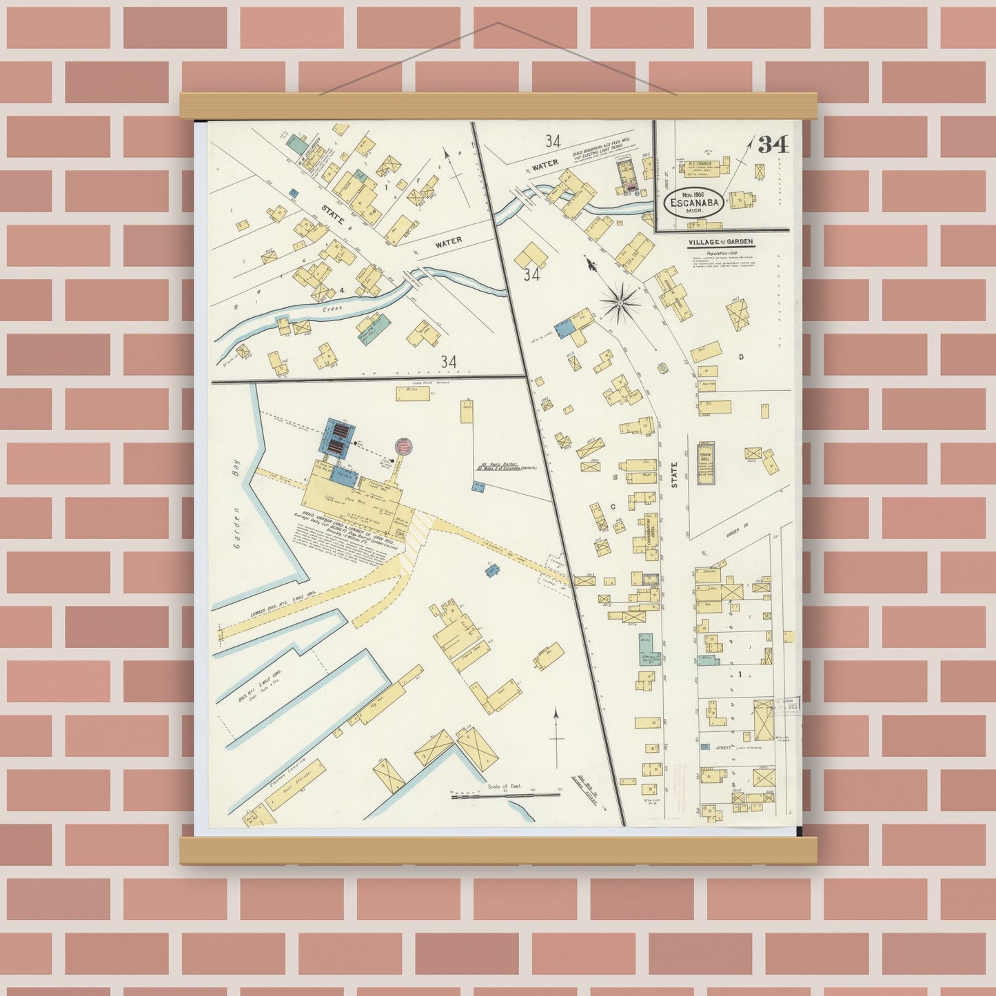 Old map wall art mockup — magnetic wood frame on brick wall — Sanborn Fire Insurance Map from Escanaba, Delta County, Michigan (1906), Sheet #0034