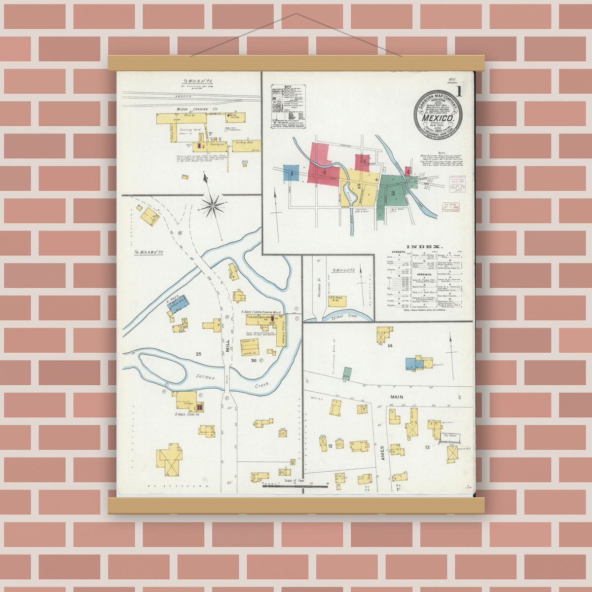 Old map wall art mockup — magnetic wood frame on brick wall — Sanborn Fire Insurance Map from Mexico, Oswego County, New York (1906) - Complete Map Set