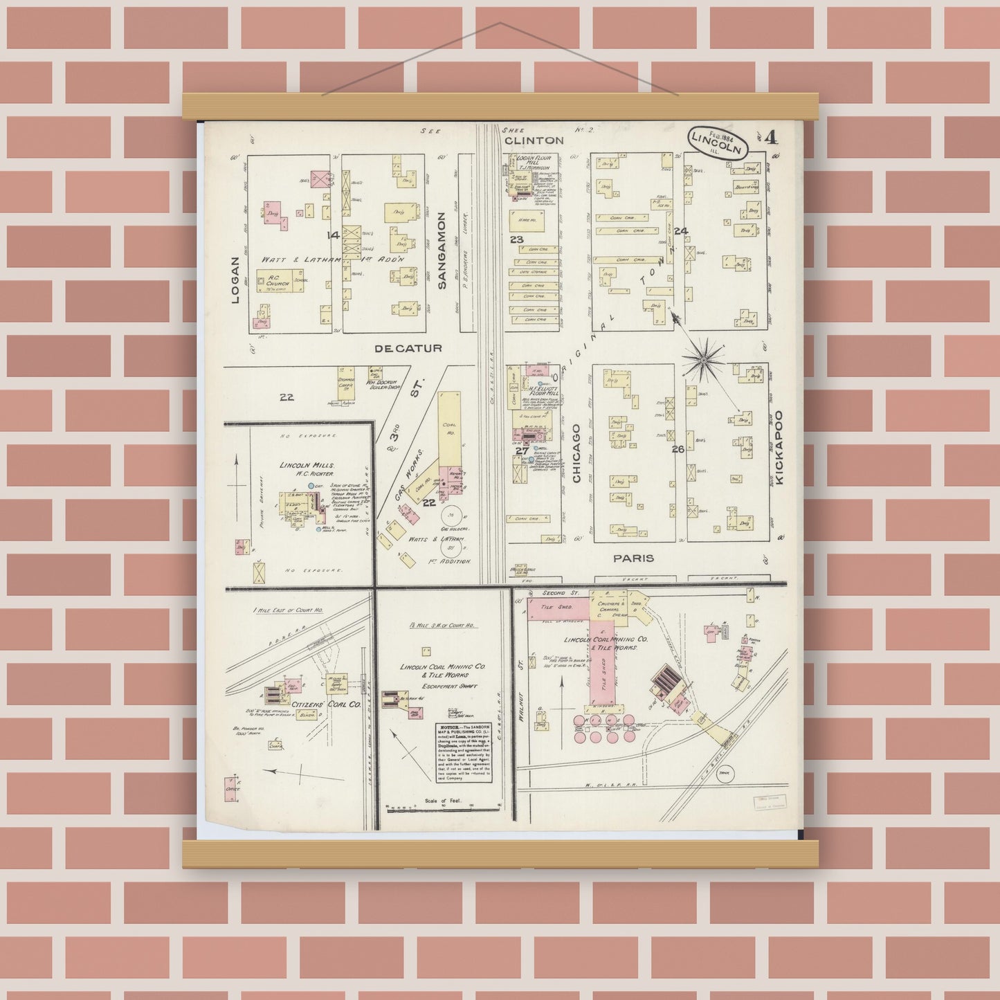 Old map wall art mockup — magnetic wood frame on brick wall — Sanborn Fire Insurance Map from Lincoln, Logan County, Illinois (1884), Sheet #0004