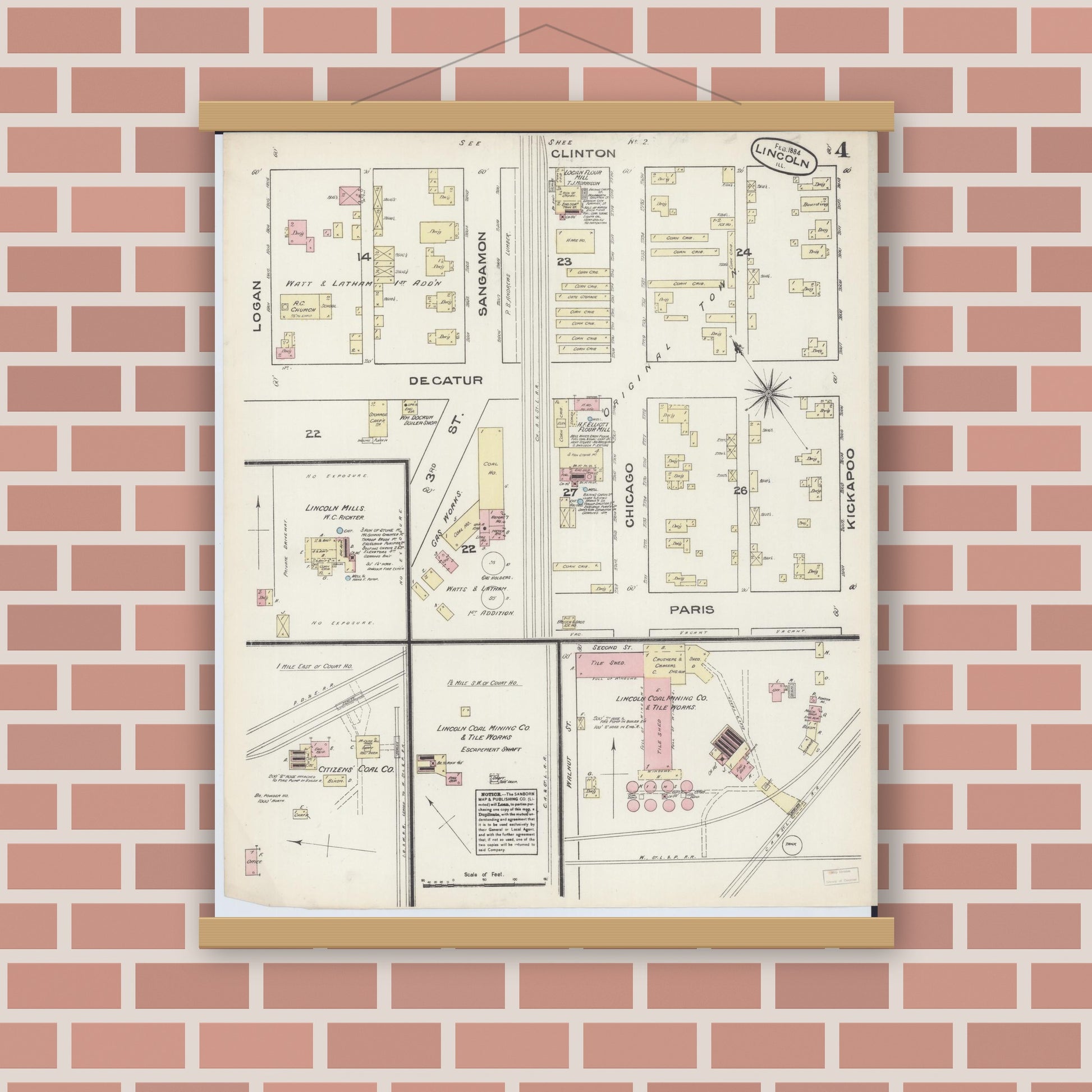 Old map wall art mockup — magnetic wood frame on brick wall — Sanborn Fire Insurance Map from Lincoln, Logan County, Illinois (1884), Sheet #0004