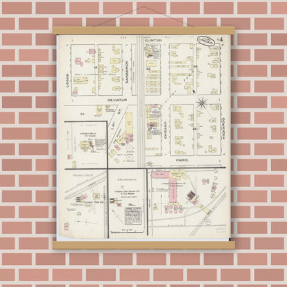 Old map wall art mockup — magnetic wood frame on brick wall — Sanborn Fire Insurance Map from Lincoln, Logan County, Illinois (1884), Sheet #0004