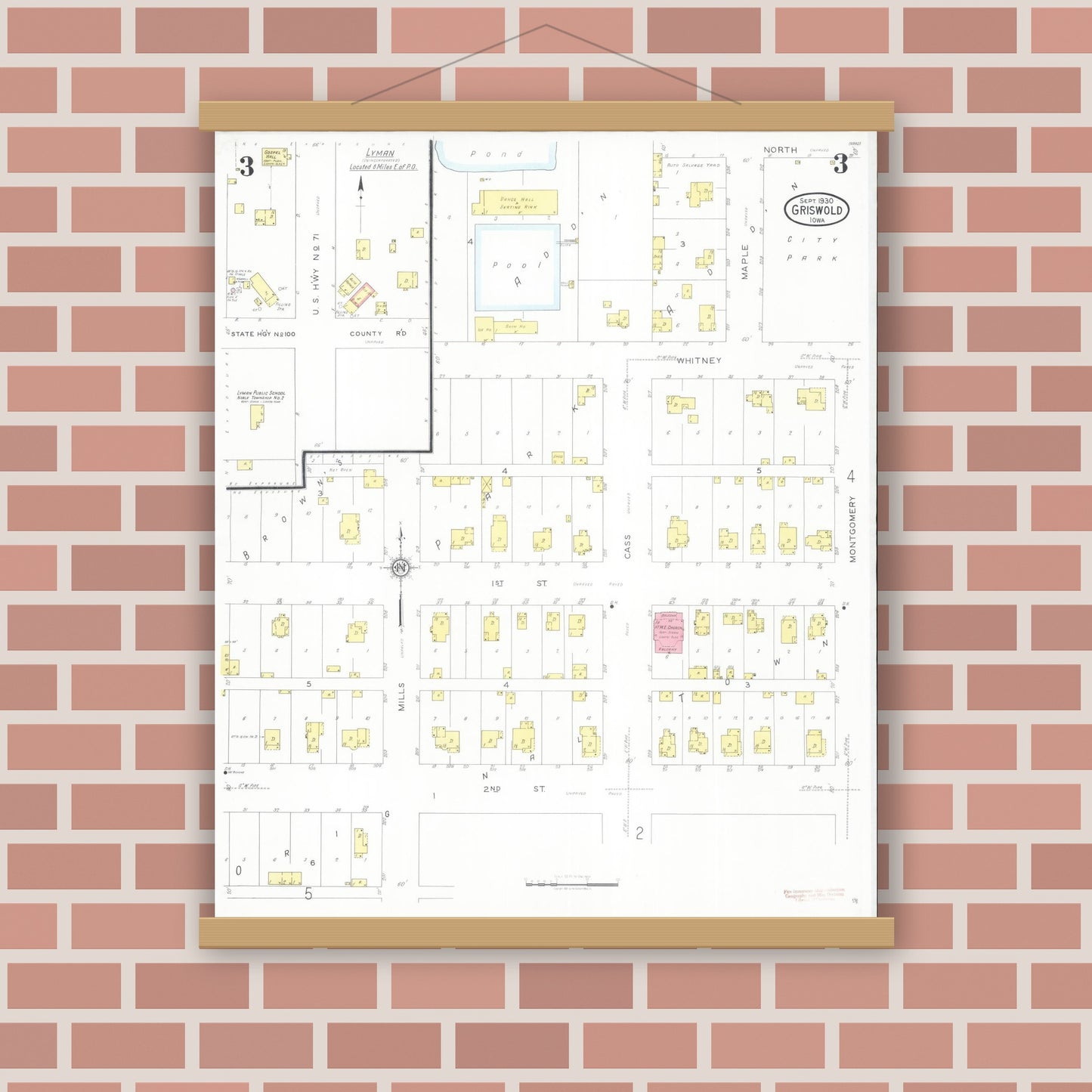 Old map wall art mockup — magnetic wood frame on brick wall — Sanborn Fire Insurance Map from Griswold, Cass County, Iowa (1930), Sheet #0003