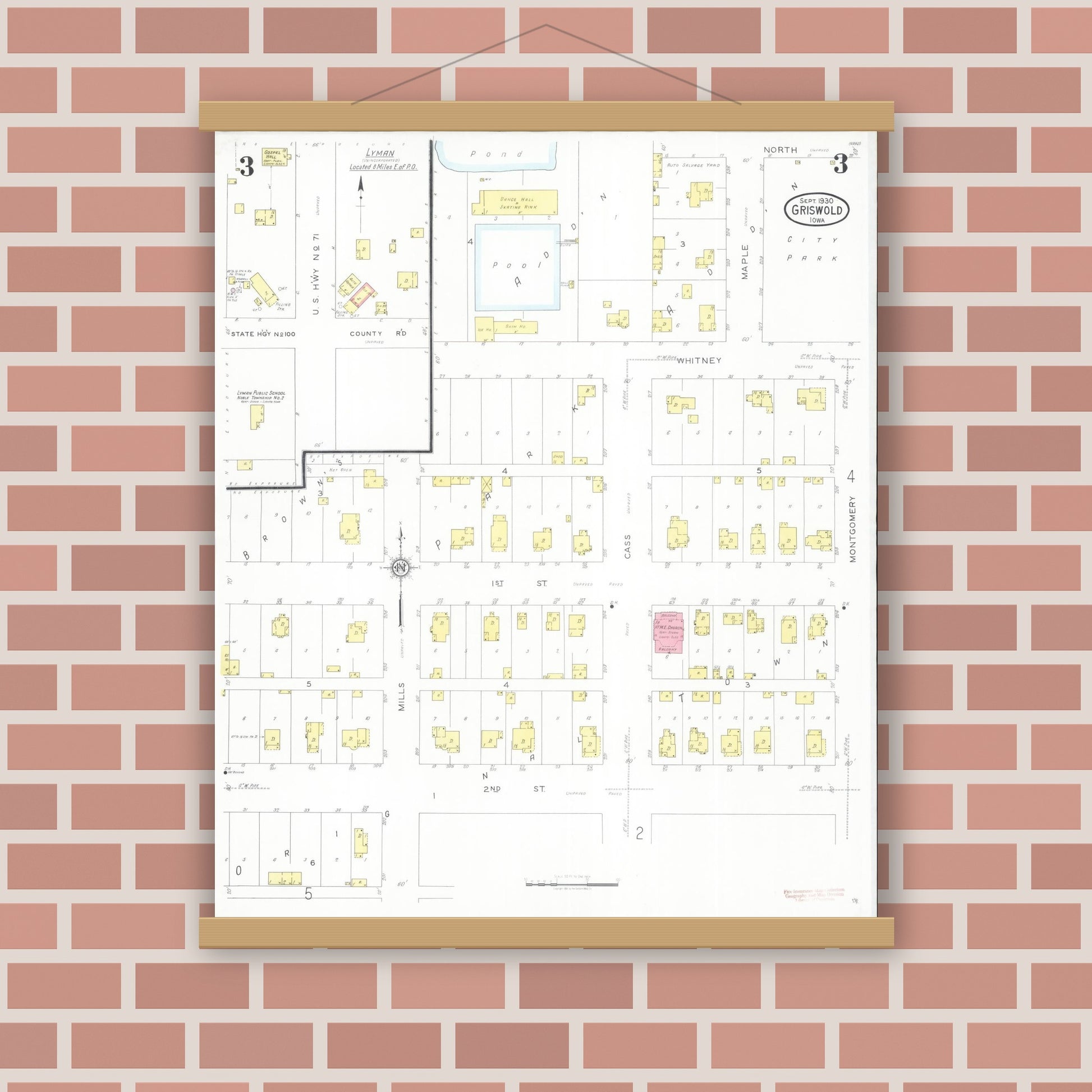 Old map wall art mockup — magnetic wood frame on brick wall — Sanborn Fire Insurance Map from Griswold, Cass County, Iowa (1930), Sheet #0003