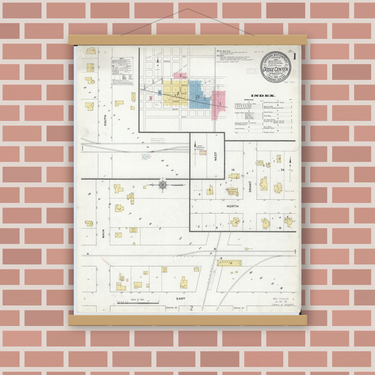 Old map wall art mockup — magnetic wood frame on brick wall — Sanborn Fire Insurance Map from Dodge Center, Dodge County, Minnesota (1910), Sheet #0001