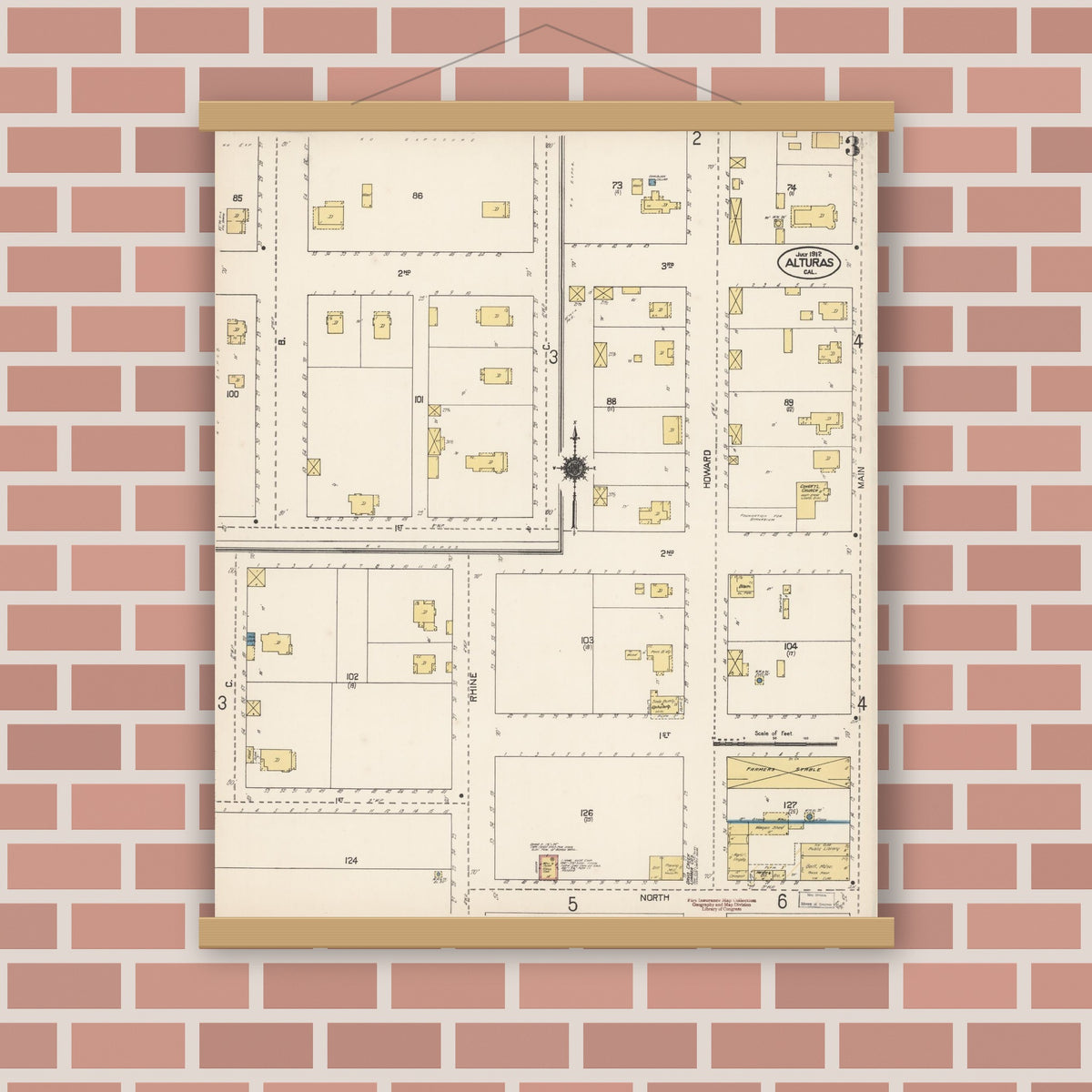 Old map wall art mockup — magnetic wood frame on brick wall — Sanborn Fire Insurance Map from Alturas, Modoc County, California (1912), Sheet #0003