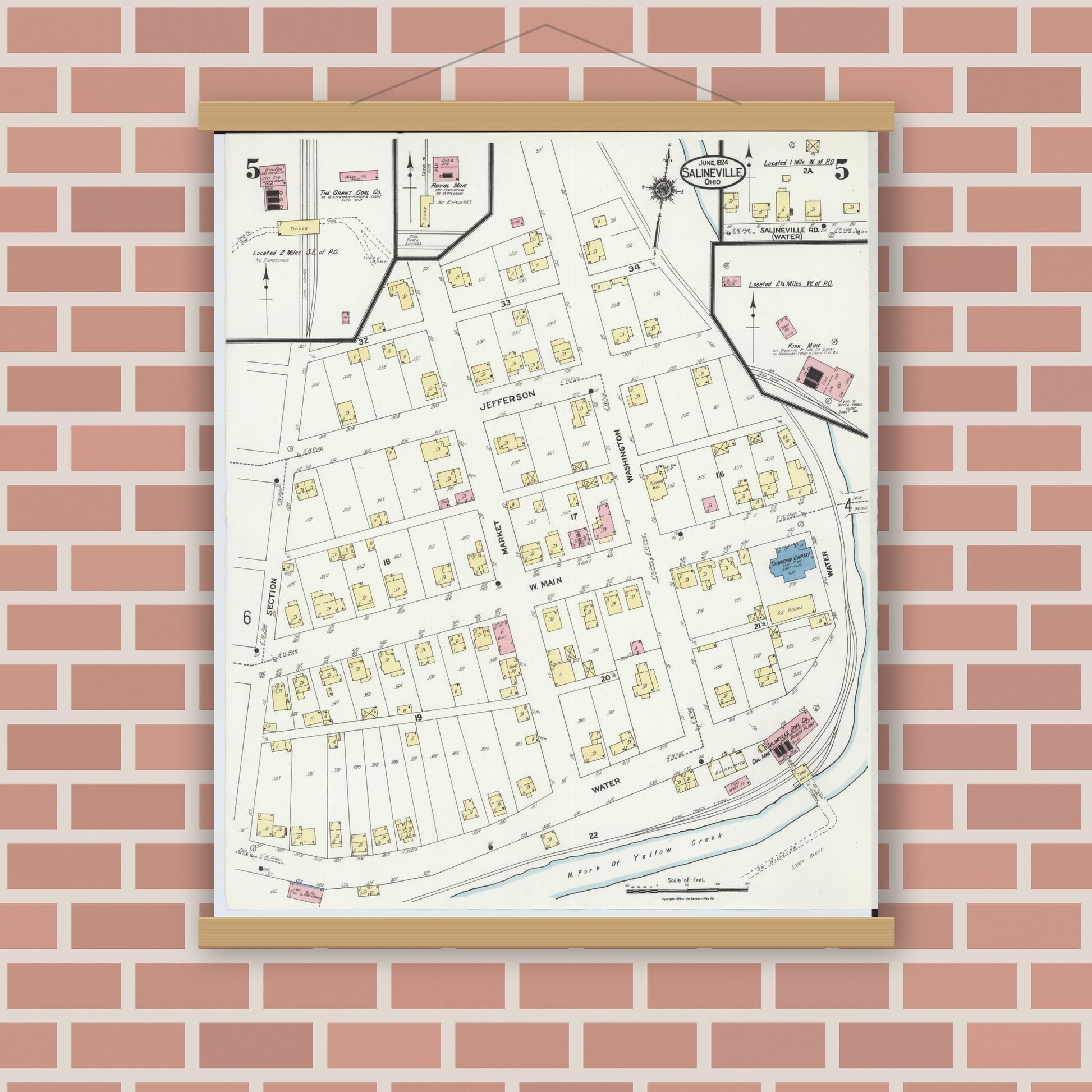 Old map wall art mockup — magnetic wood frame on brick wall — Sanborn Fire Insurance Map from Salineville, Columbiana County, Ohio (1924), Sheet #0005