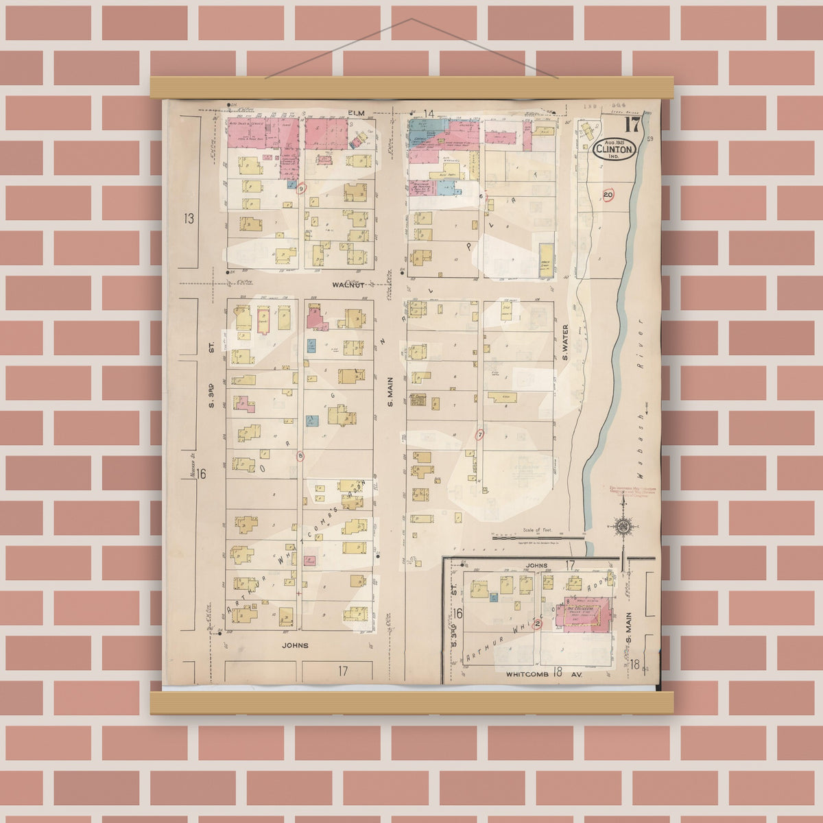 Old map wall art mockup — magnetic wood frame on brick wall — Sanborn Fire Insurance Map from Clinton, Vermillion County, Indiana (1947), Sheet #0017