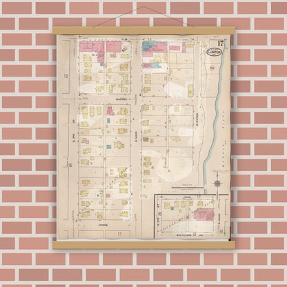 Old map wall art mockup — magnetic wood frame on brick wall — Sanborn Fire Insurance Map from Clinton, Vermillion County, Indiana (1947), Sheet #0017