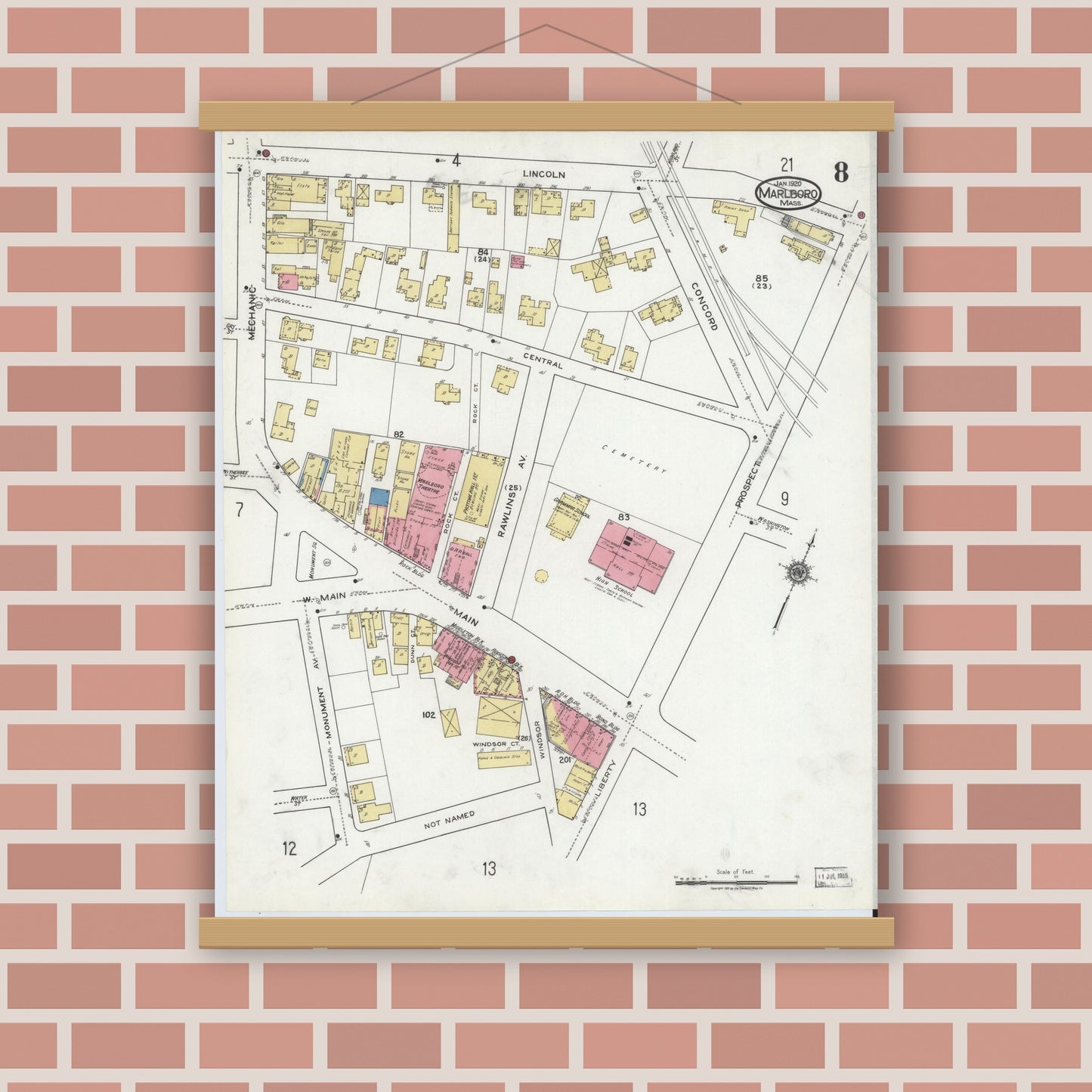 Old map wall art mockup — magnetic wood frame on brick wall — Sanborn Fire Insurance Map from Marlborough, Middlesex County, Massachusetts (1920), Sheet #0008