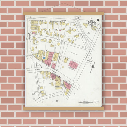 Old map wall art mockup — magnetic wood frame on brick wall — Sanborn Fire Insurance Map from Marlborough, Middlesex County, Massachusetts (1920), Sheet #0008