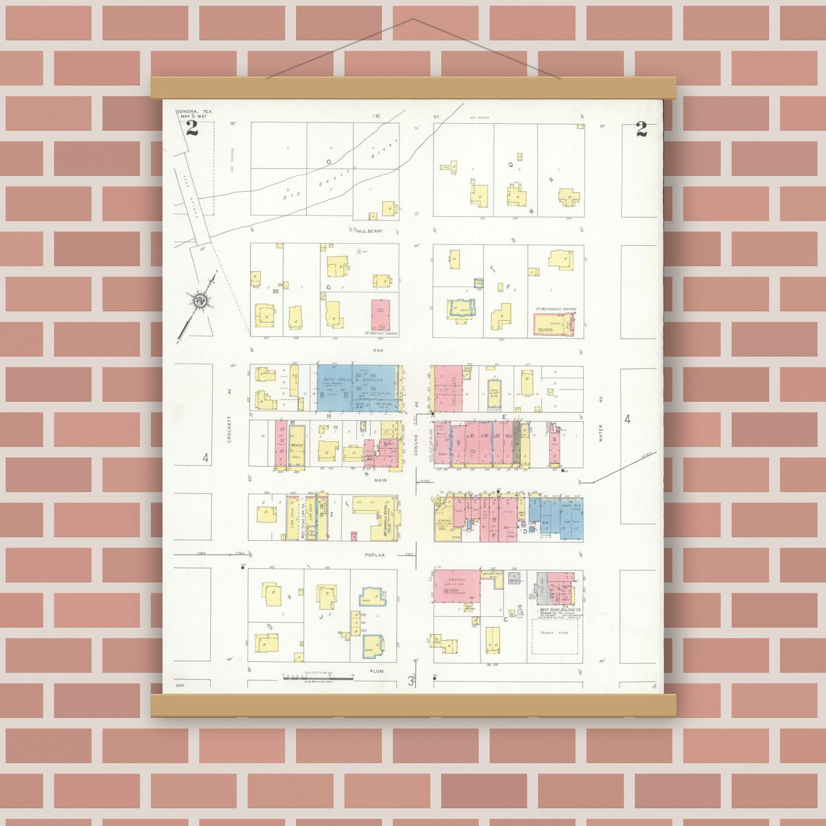 Old map wall art mockup — magnetic wood frame on brick wall — Sanborn Fire Insurance Map from Sonora, Sutton County, Texas (1937), Sheet #0002