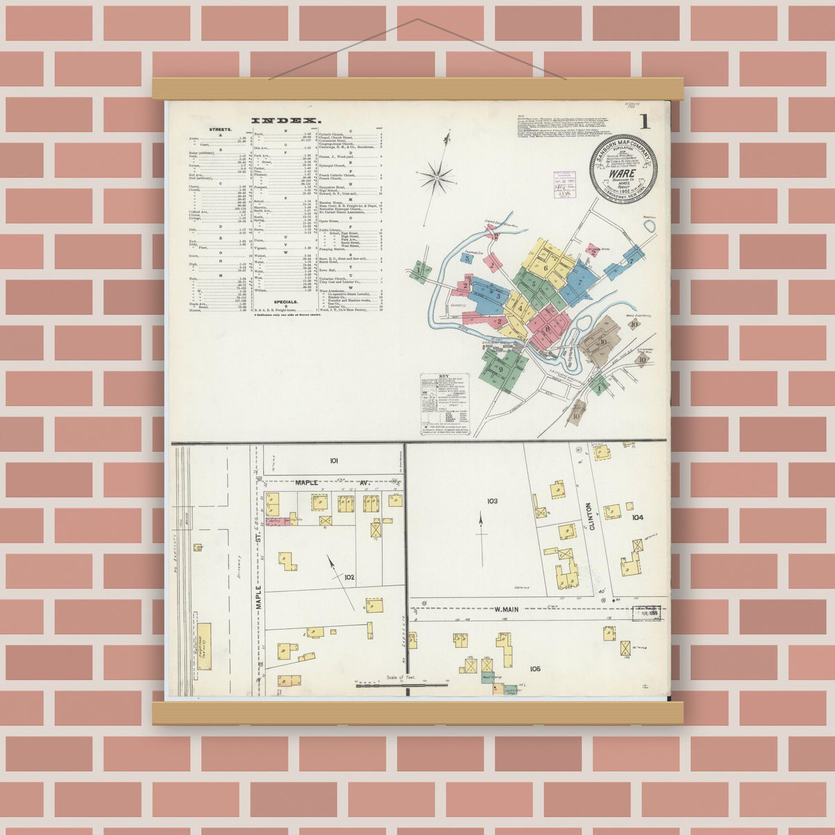 Old map wall art mockup — magnetic wood frame on brick wall — Sanborn Fire Insurance Map from Ware, Hampshire County, Massachusetts (1902), Sheet #0001