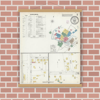 Old map wall art mockup — magnetic wood frame on brick wall — Sanborn Fire Insurance Map from Ware, Hampshire County, Massachusetts (1902), Sheet #0001