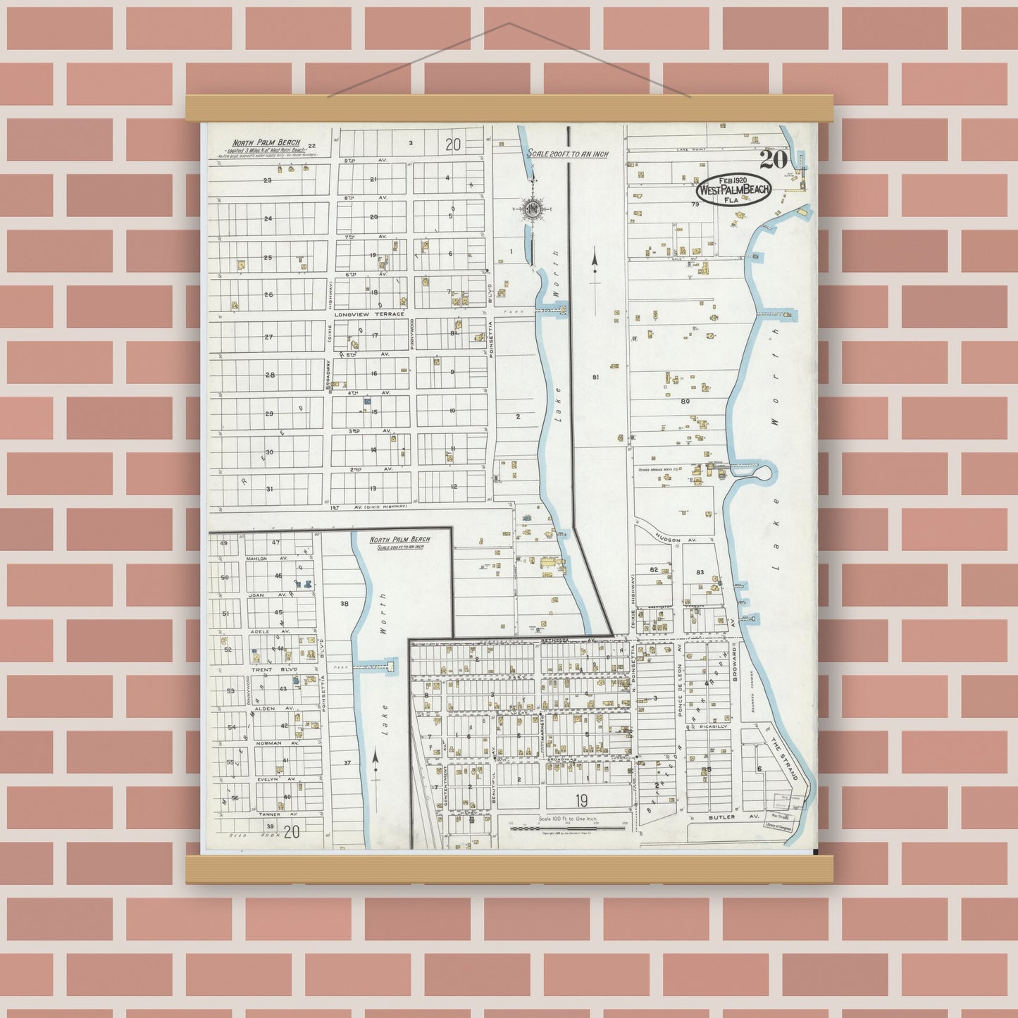 Old map wall art mockup — magnetic wood frame on brick wall — Sanborn Fire Insurance Map from West Palm Beach, Dade County, Florida (1920), Sheet #0020