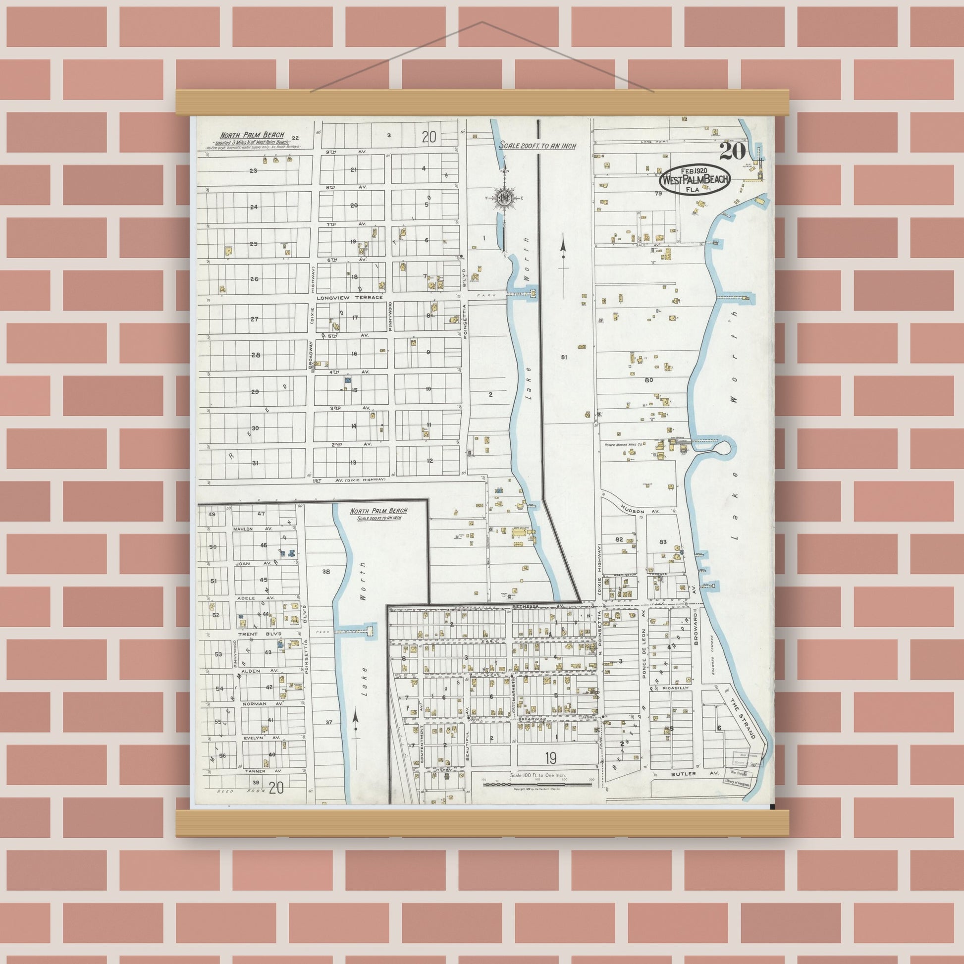 Old map wall art mockup — magnetic wood frame on brick wall — Sanborn Fire Insurance Map from West Palm Beach, Dade County, Florida (1920), Sheet #0020