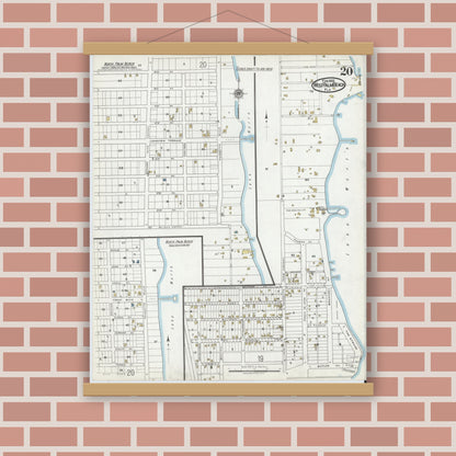 Old map wall art mockup — magnetic wood frame on brick wall — Sanborn Fire Insurance Map from West Palm Beach, Dade County, Florida (1920), Sheet #0020