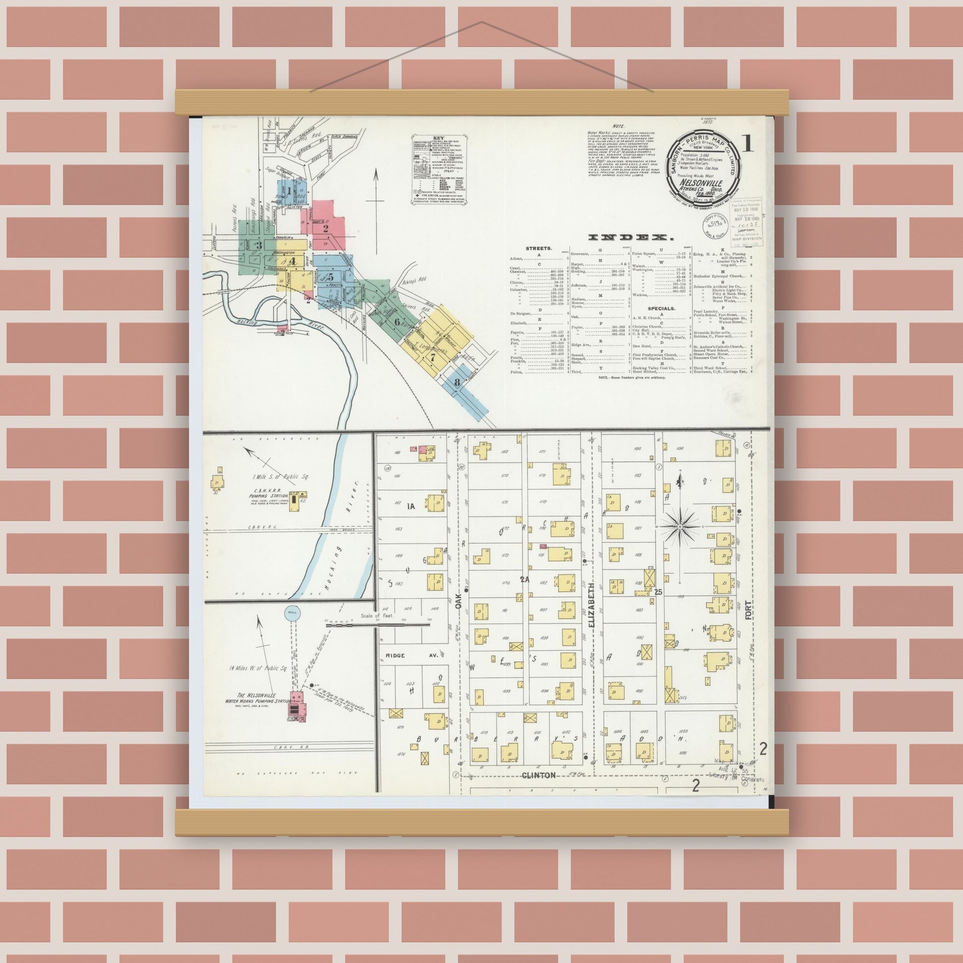 Old map wall art mockup — magnetic wood frame on brick wall — Sanborn Fire Insurance Map from Nelsonville, Athens County, Ohio (1900) - Complete Map Set