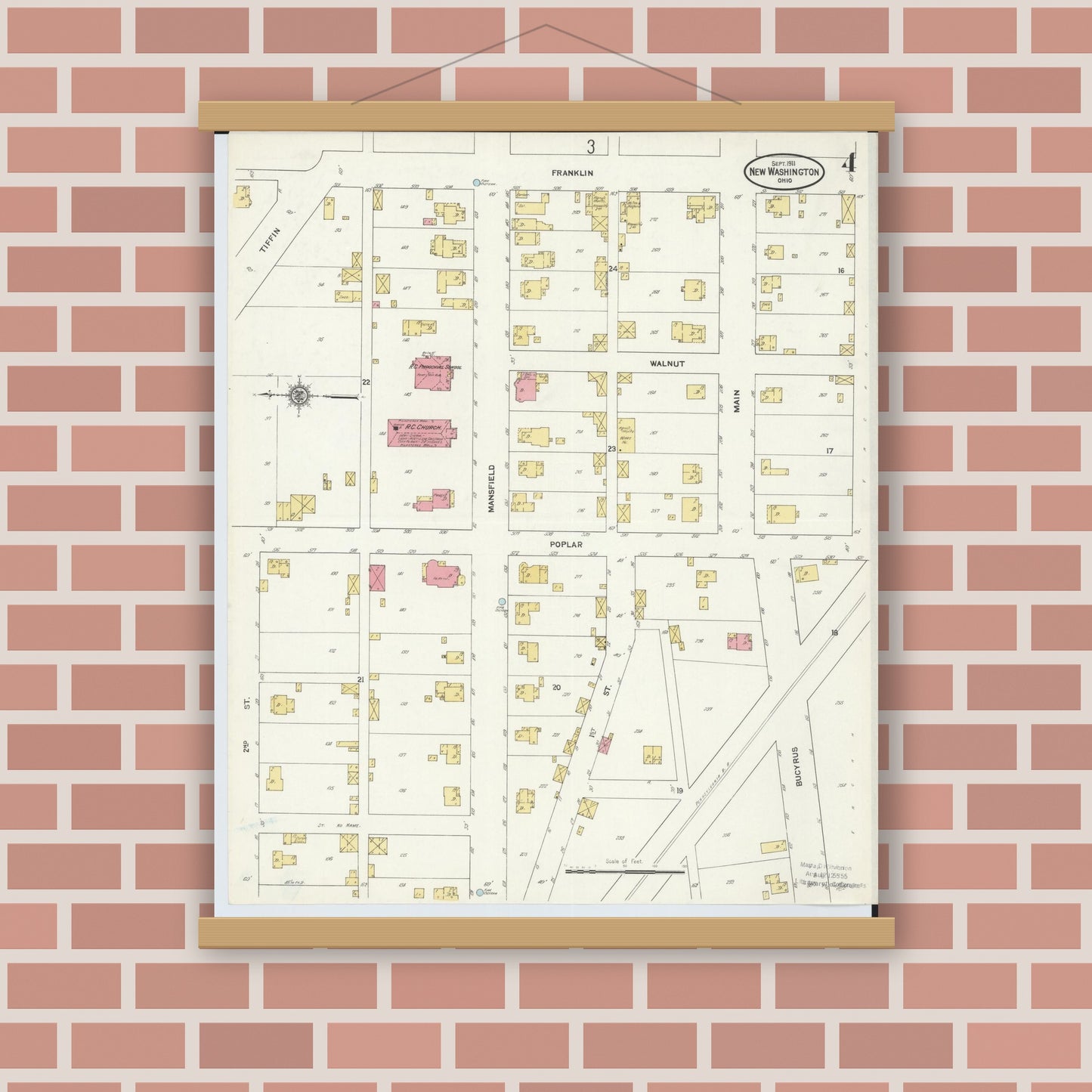 Old map wall art mockup — magnetic wood frame on brick wall — Sanborn Fire Insurance Map from New Washington, Crawford County, Ohio (1911), Sheet #0004