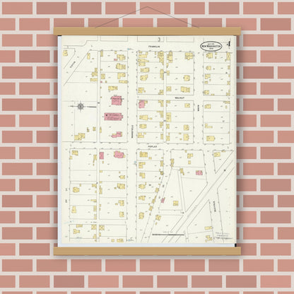 Old map wall art mockup — magnetic wood frame on brick wall — Sanborn Fire Insurance Map from New Washington, Crawford County, Ohio (1911), Sheet #0004