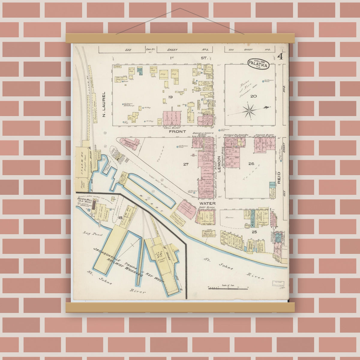 Old map wall art mockup — magnetic wood frame on brick wall — Sanborn Fire Insurance Map from Palatka, Putnam County, Florida (1885), Sheet #0004