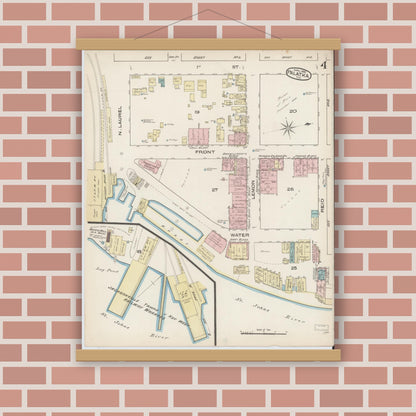 Old map wall art mockup — magnetic wood frame on brick wall — Sanborn Fire Insurance Map from Palatka, Putnam County, Florida (1885), Sheet #0004