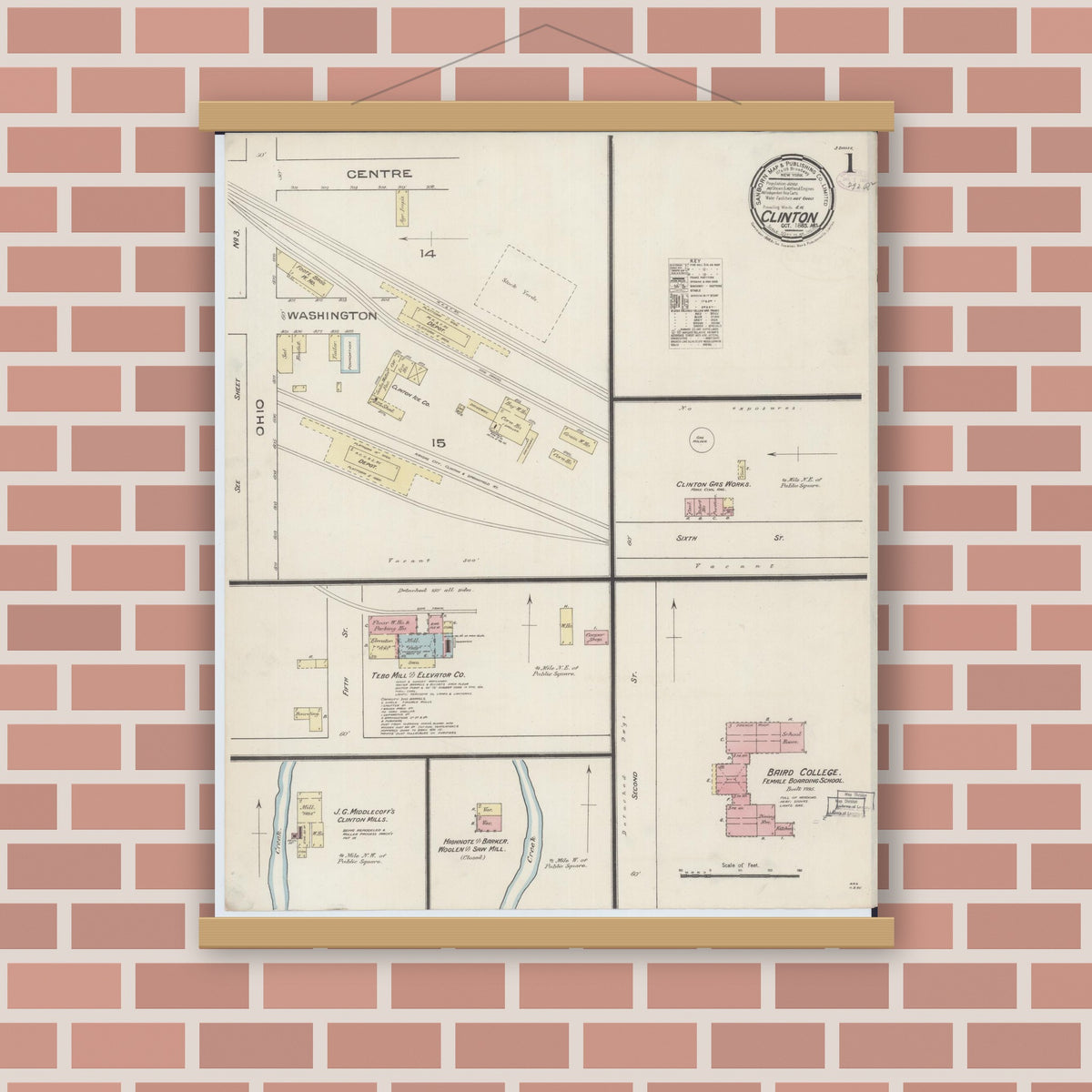 Old map wall art mockup — magnetic wood frame on brick wall — Sanborn Fire Insurance Map from Clinton, Henry County, Missouri (1885) - Complete Map Set