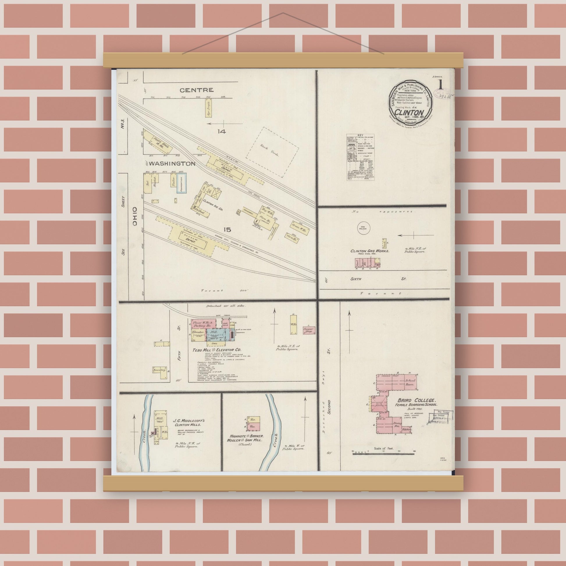 Old map wall art mockup — magnetic wood frame on brick wall — Sanborn Fire Insurance Map from Clinton, Henry County, Missouri (1885) - Complete Map Set
