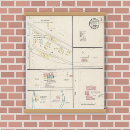 Old map wall art mockup — magnetic wood frame on brick wall — Sanborn Fire Insurance Map from Clinton, Henry County, Missouri (1885) - Complete Map Set