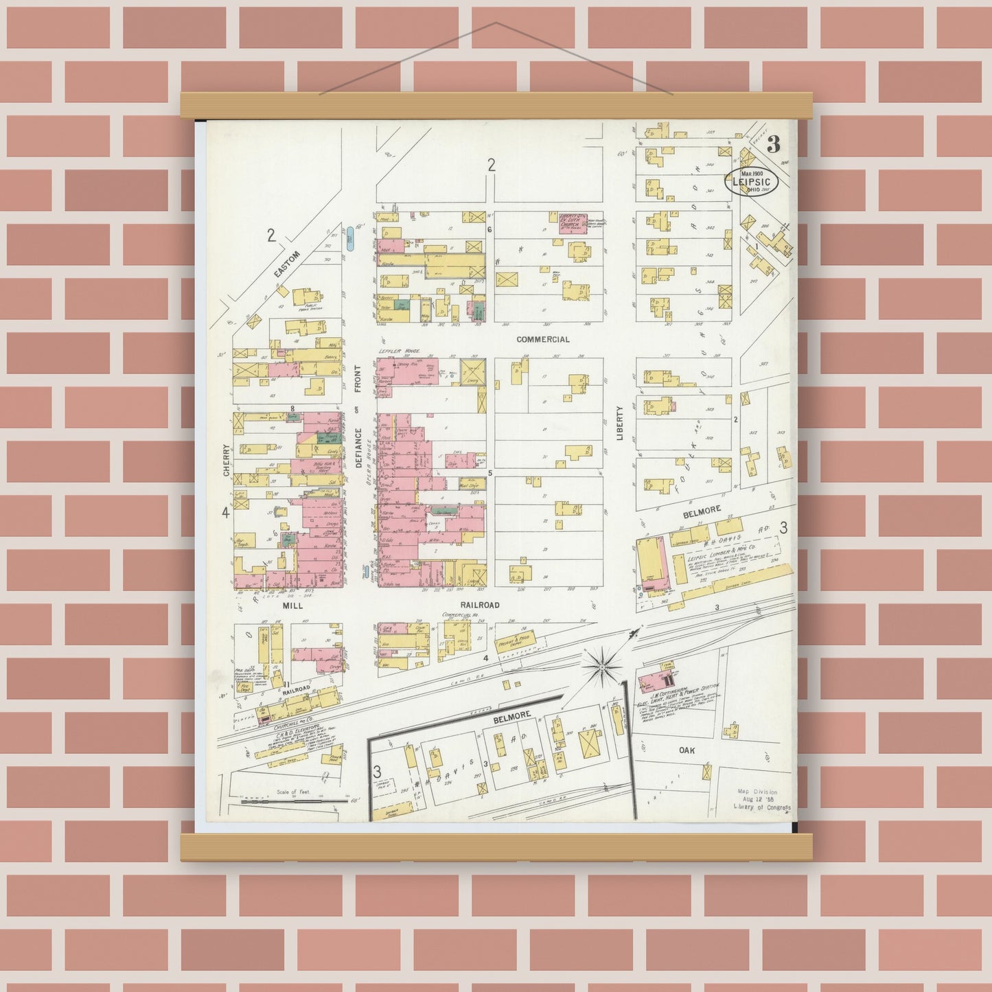Old map wall art mockup — magnetic wood frame on brick wall — Sanborn Fire Insurance Map from Leipsic, Putnam County, Ohio (1900), Sheet #0003