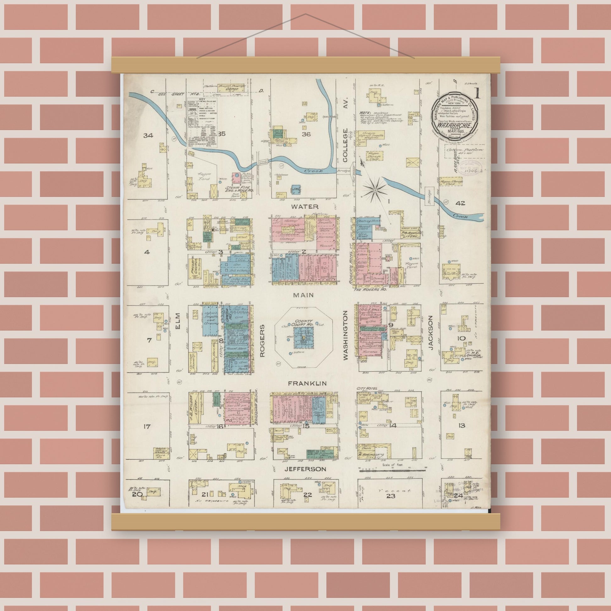 Old map wall art mockup — magnetic wood frame on brick wall — Sanborn Fire Insurance Map from Waxahachie, Ellis County, Texas (1885) - Complete Map Set