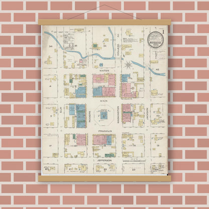 Old map wall art mockup — magnetic wood frame on brick wall — Sanborn Fire Insurance Map from Waxahachie, Ellis County, Texas (1885) - Complete Map Set