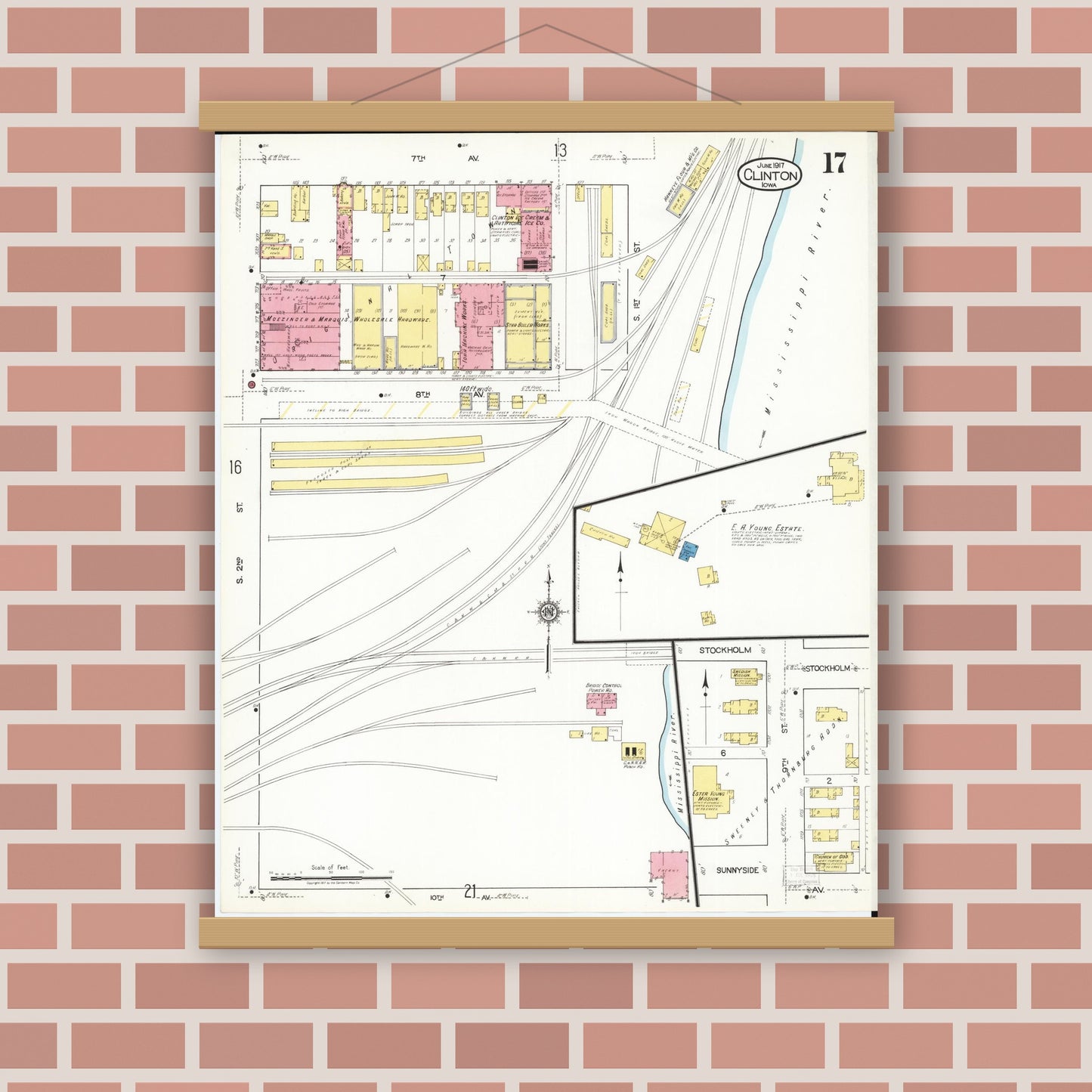 Old map wall art mockup — magnetic wood frame on brick wall — Sanborn Fire Insurance Map from Clinton, Clinton County, Iowa (1917), Sheet #0017