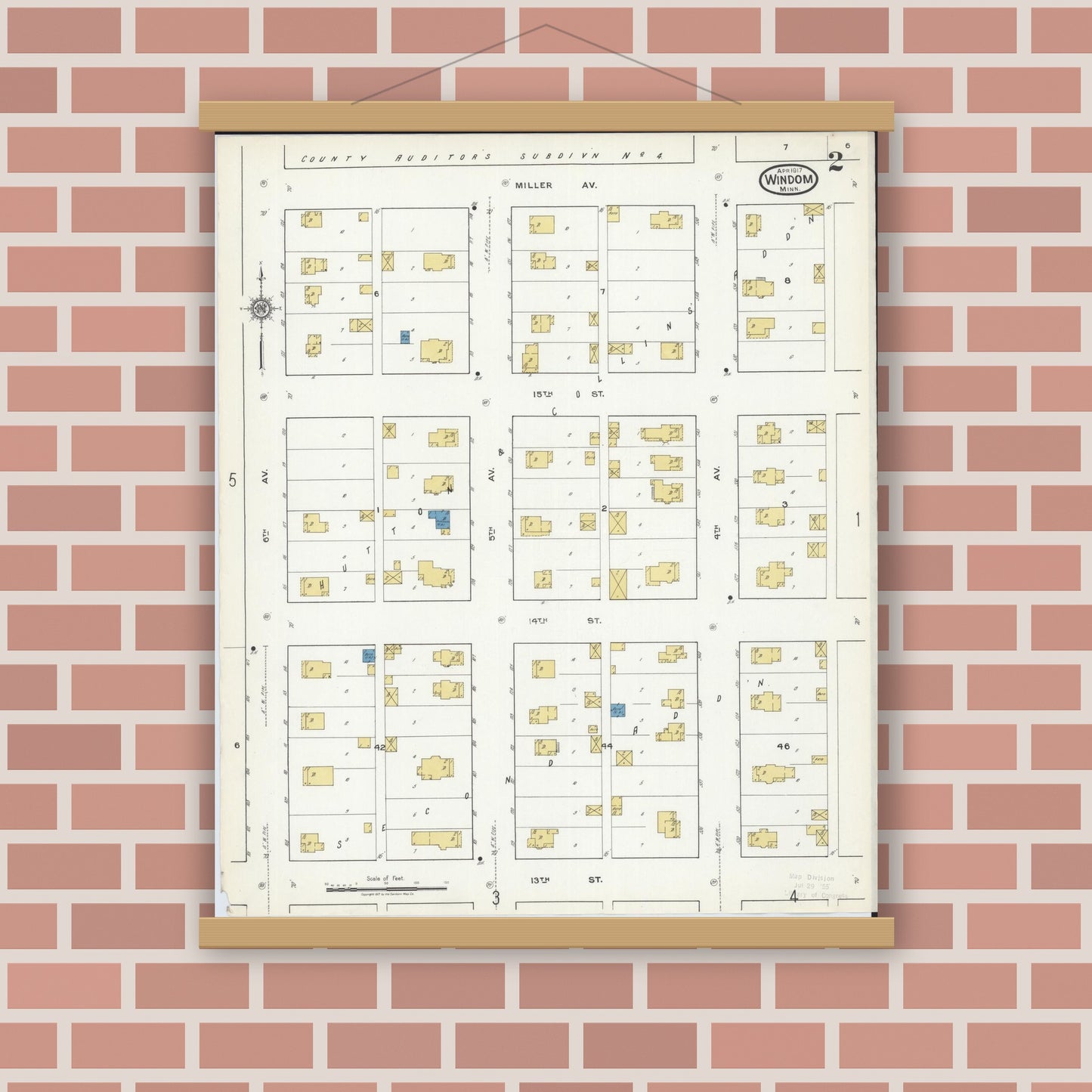 Old map wall art mockup — magnetic wood frame on brick wall — Sanborn Fire Insurance Map from Windom, Cottonwood County, Minnesota (1917), Sheet #0002
