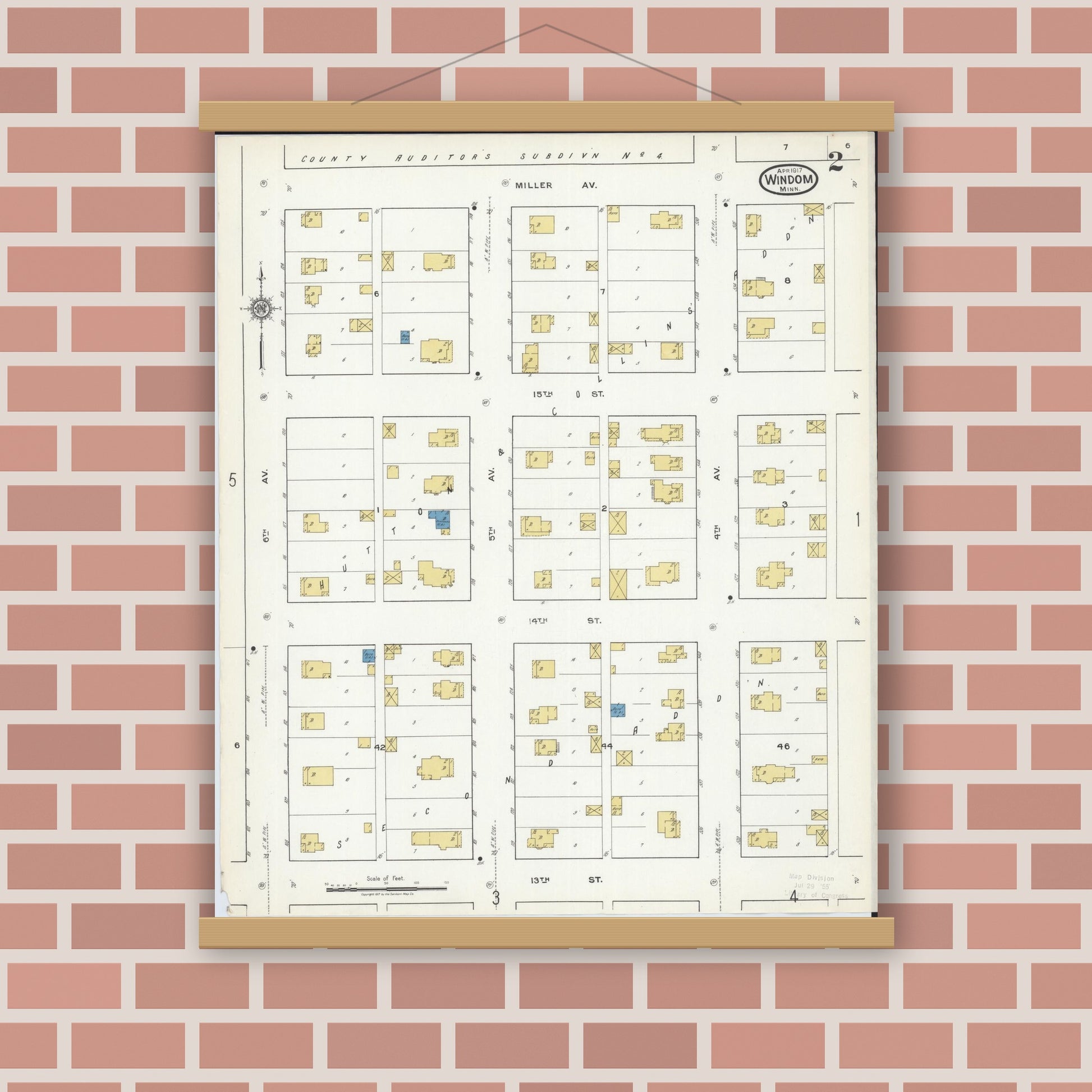 Old map wall art mockup — magnetic wood frame on brick wall — Sanborn Fire Insurance Map from Windom, Cottonwood County, Minnesota (1917), Sheet #0002