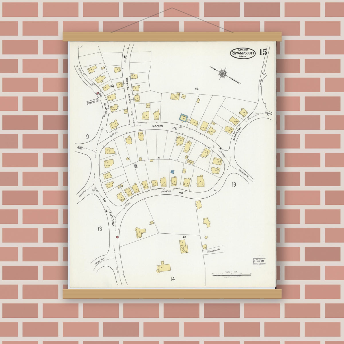 Old map wall art mockup — magnetic wood frame on brick wall — Sanborn Fire Insurance Map from Swampscott, Essex County, Massachusetts (1920), Sheet #0015