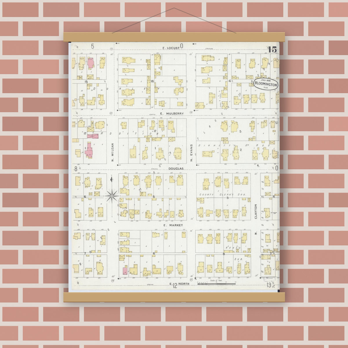 Old map wall art mockup — magnetic wood frame on brick wall — Sanborn Fire Insurance Map from Bloomington, McLean County, Illinois (1896), Sheet #0015