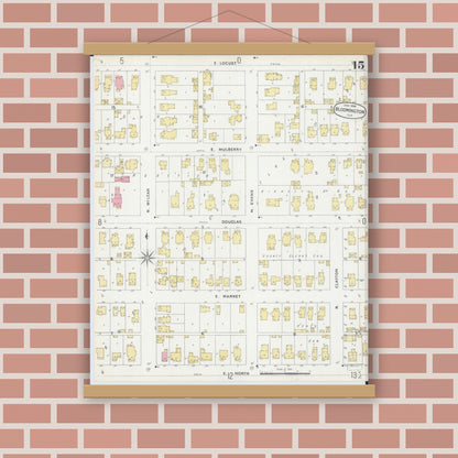 Old map wall art mockup — magnetic wood frame on brick wall — Sanborn Fire Insurance Map from Bloomington, McLean County, Illinois (1896), Sheet #0015