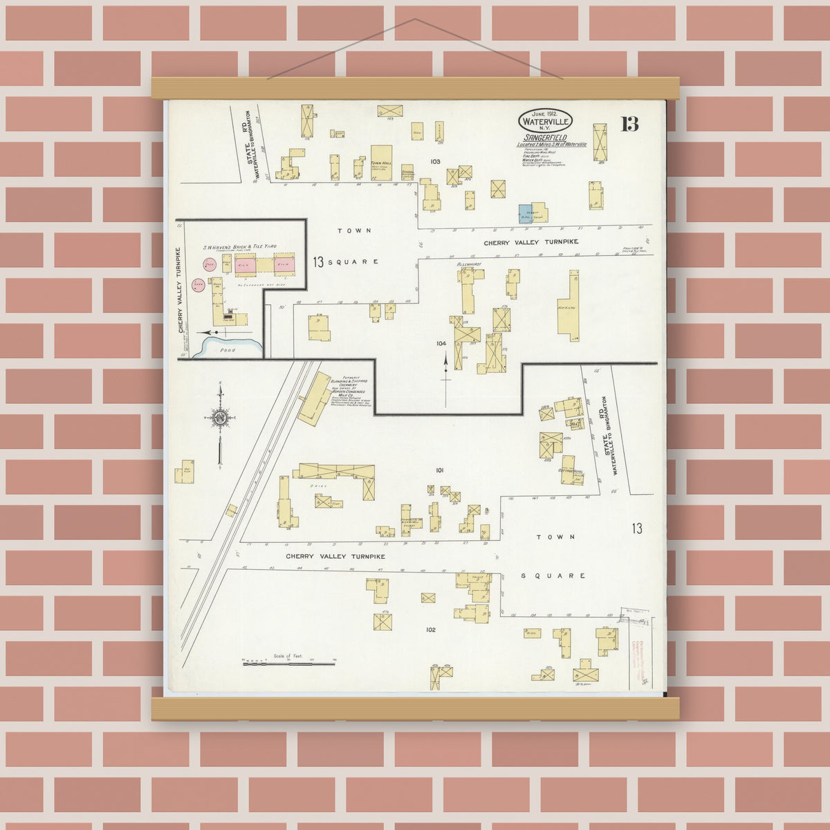 Old map wall art mockup — magnetic wood frame on brick wall — Sanborn Fire Insurance Map from Waterville, Oneida County, New York (1912), Sheet #0013