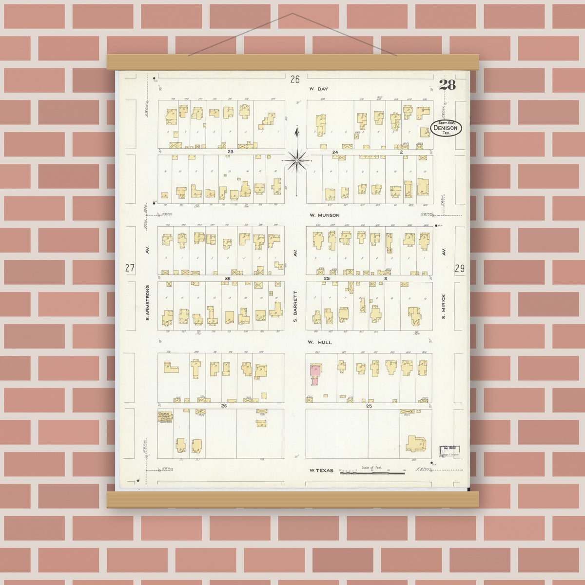 Old map wall art mockup — magnetic wood frame on brick wall — Sanborn Fire Insurance Map from Denison, Grayson County, Texas (1908), Sheet #0028