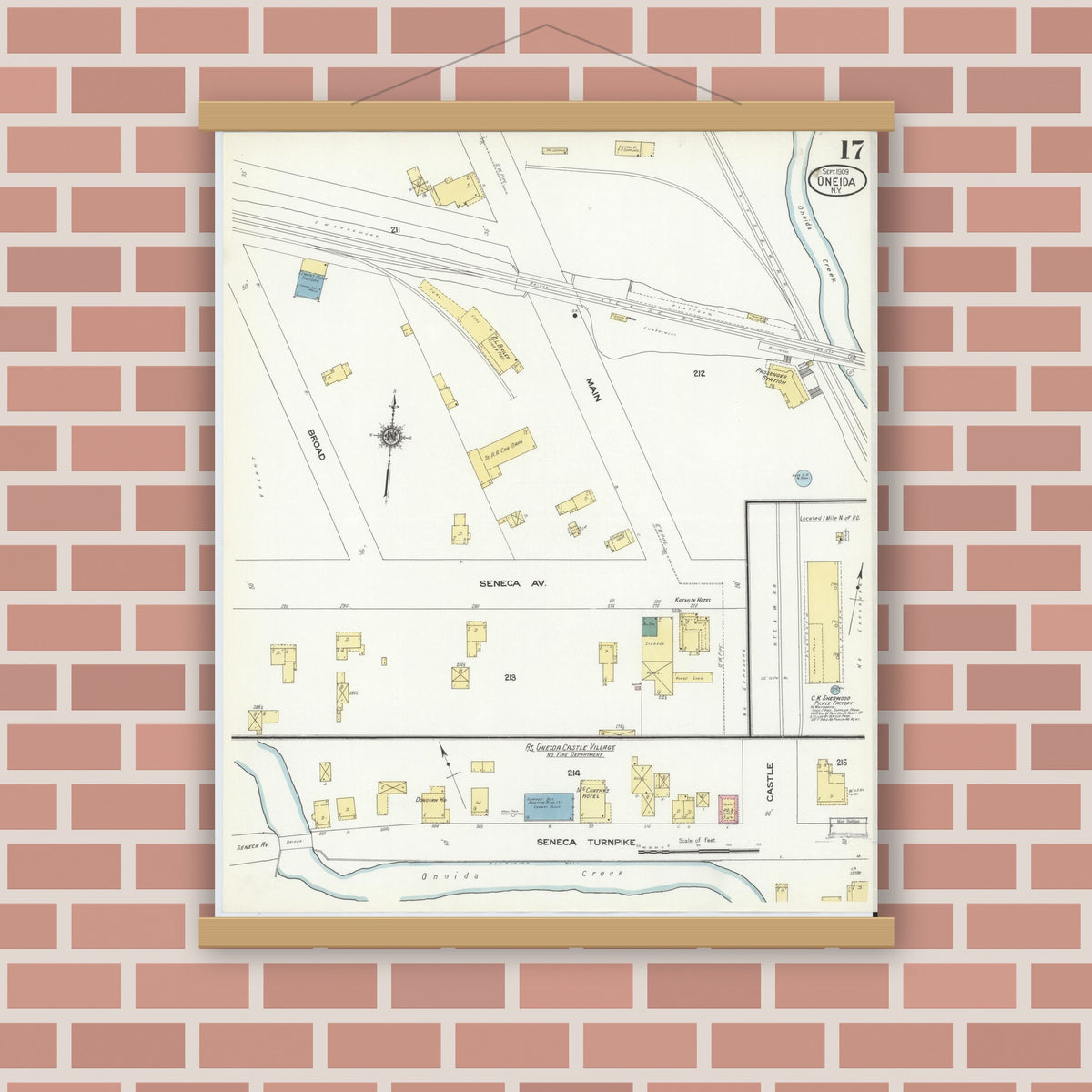 Old map wall art mockup — magnetic wood frame on brick wall — Sanborn Fire Insurance Map from Oneida, Madison County, New York (1909), Sheet #0017