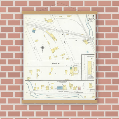 Old map wall art mockup — magnetic wood frame on brick wall — Sanborn Fire Insurance Map from Oneida, Madison County, New York (1909), Sheet #0017