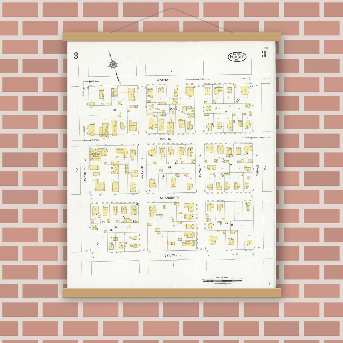 Old map wall art mockup — magnetic wood frame on brick wall — Sanborn Fire Insurance Map from Humble, Harris County, Texas (1926), Sheet #0003