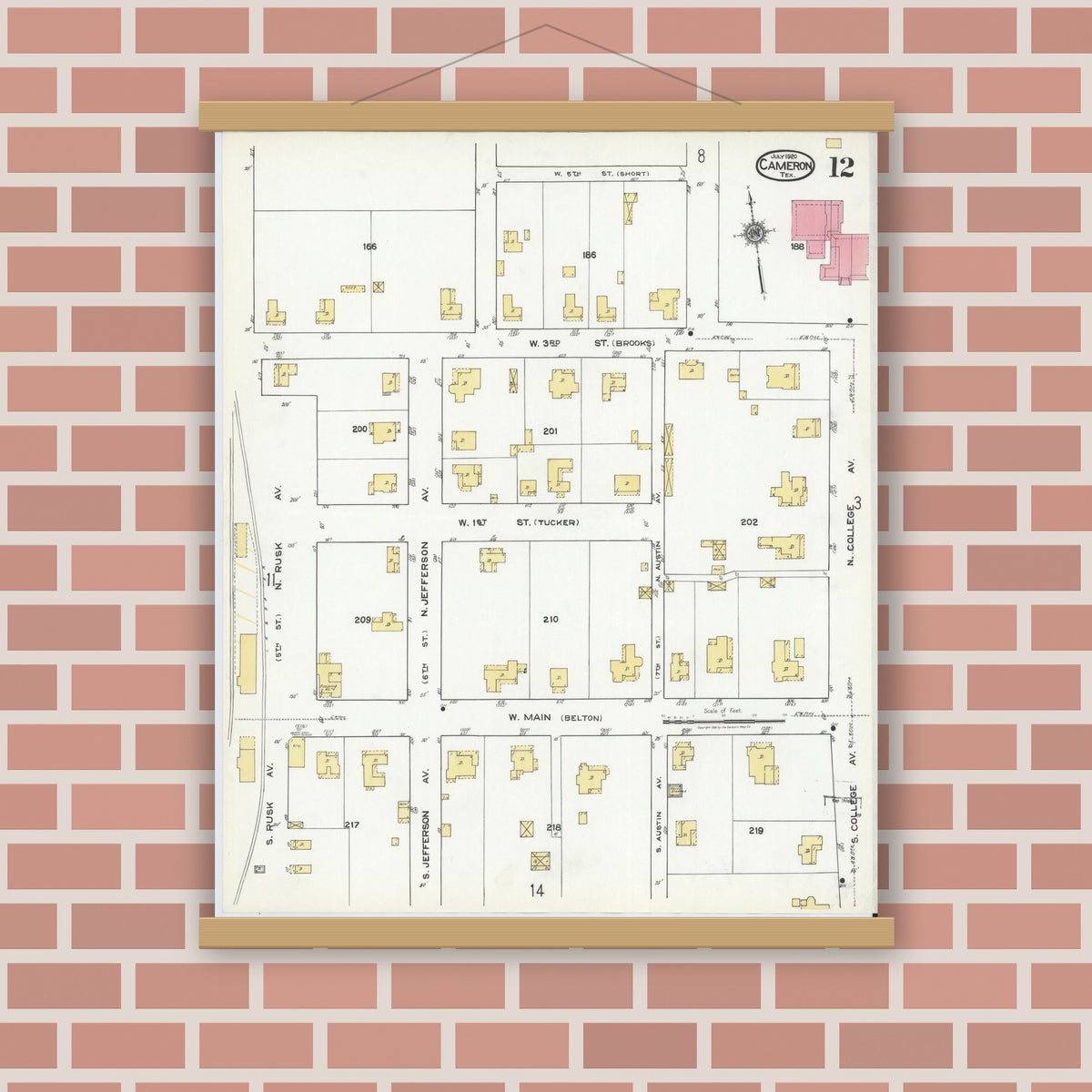 Old map wall art mockup — magnetic wood frame on brick wall — Sanborn Fire Insurance Map from Cameron, Milam County, Texas (1920), Sheet #0012