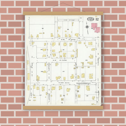 Old map wall art mockup — magnetic wood frame on brick wall — Sanborn Fire Insurance Map from Cameron, Milam County, Texas (1920), Sheet #0012